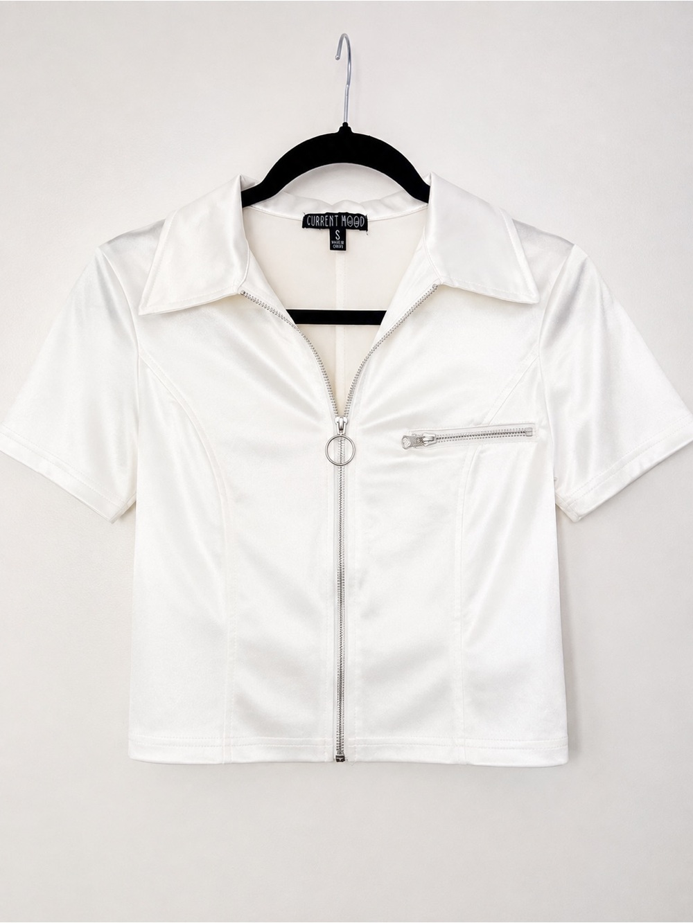 Current Mood White Satin Zip Up Top Y2K